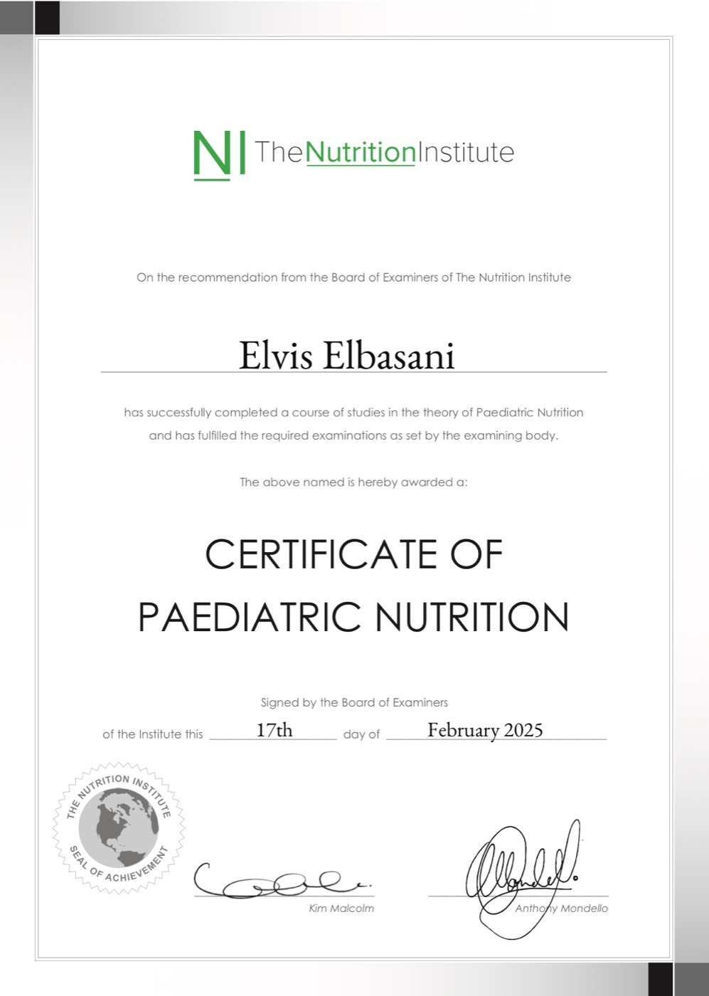 Certificate of Paediatric Nutrition awarded to Elvis Elbasani by The Nutrition Institute, 17 February 2025