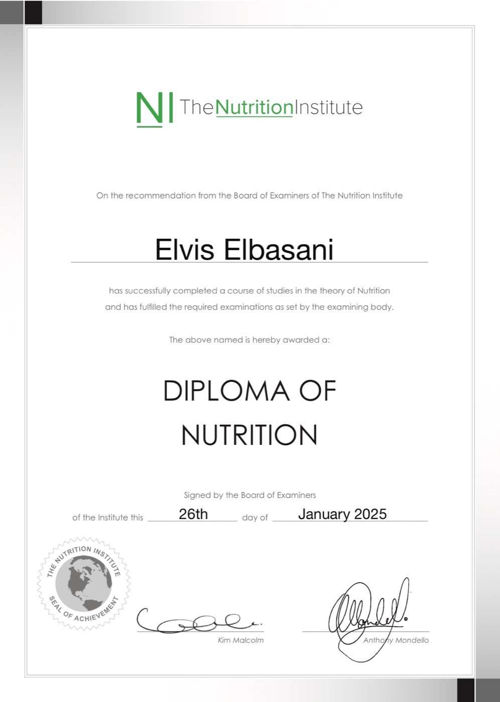 Diploma of Nutrition awarded to Elvis Elbasani by The Nutrition Institute, 26 January 2025