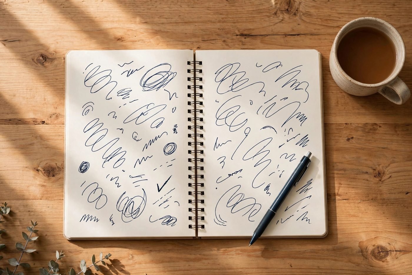 An open notebook with handwritten notes, a pen and a cup of tea