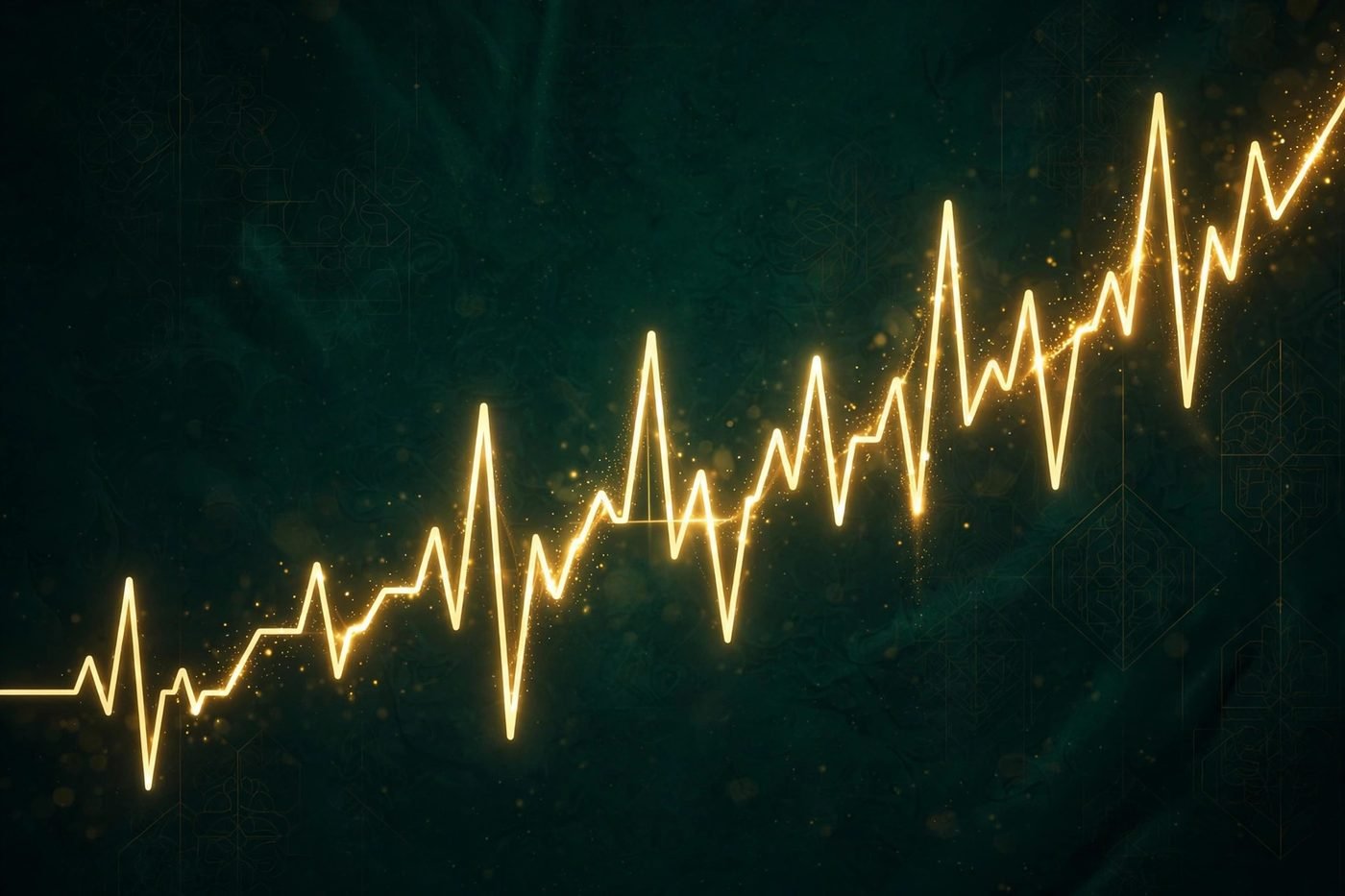 A glowing gold heartbeat line rising like a growing wealth chart on deep emerald