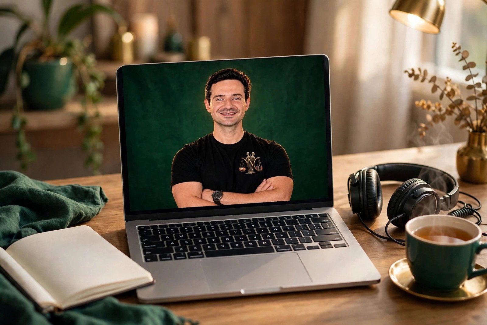 A laptop showing Elvis on a live one-on-one video coaching call, with a notebook and headphones beside it