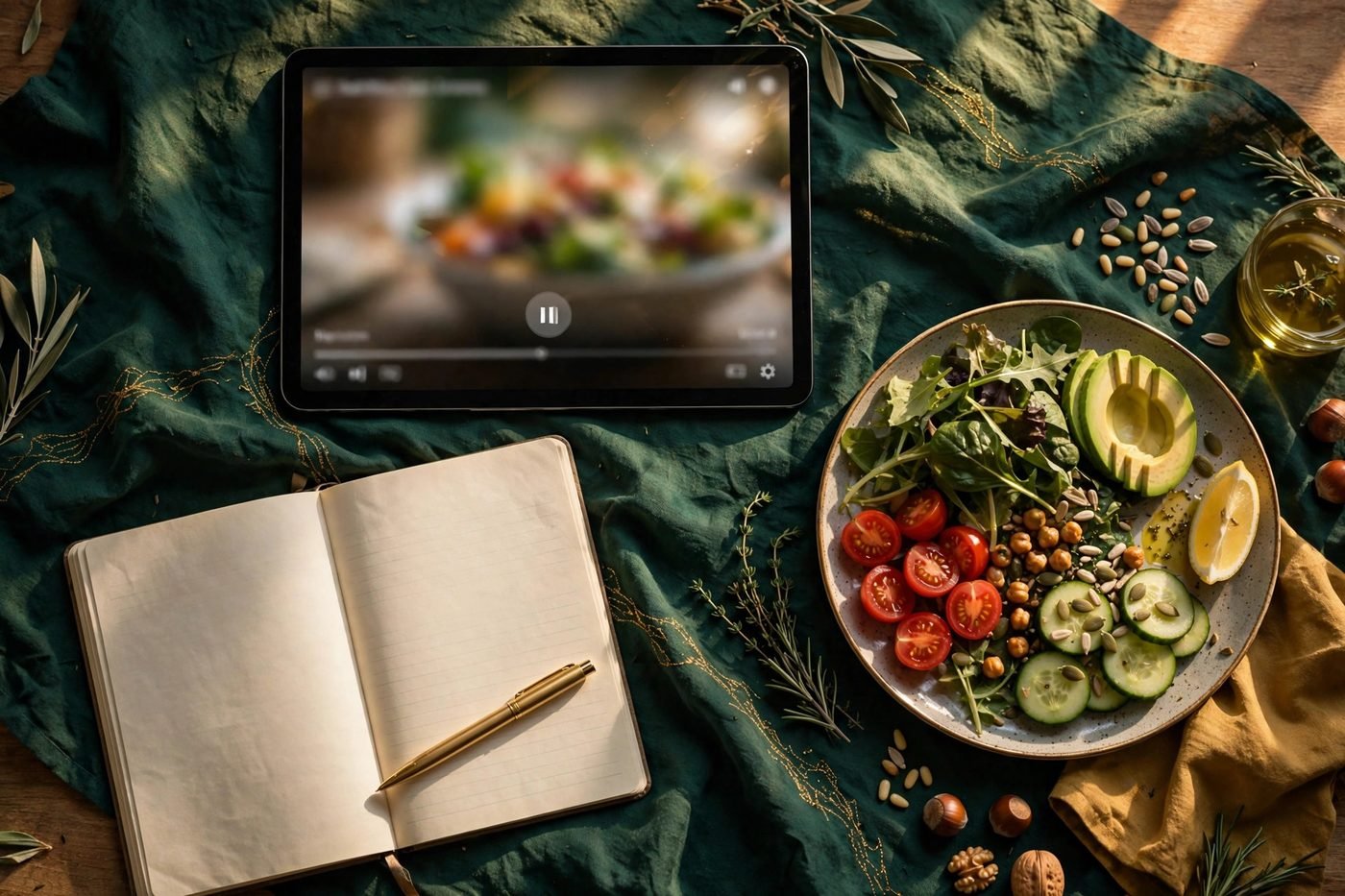 A tablet playing an on-demand nutrition video lesson beside a notebook and a healthy plate